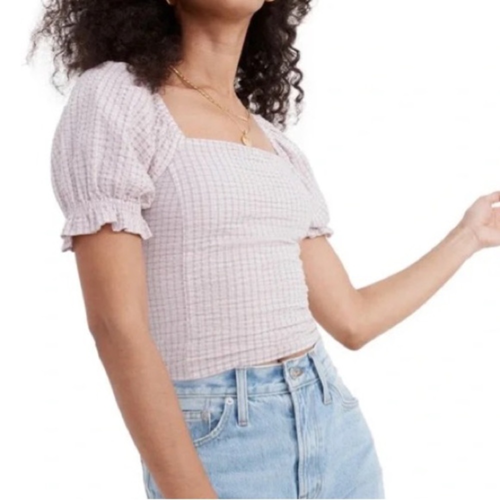 Madewell Seersucker Hopewell Puff-Sleeve Crop Top in Plaid Provence Grape XS